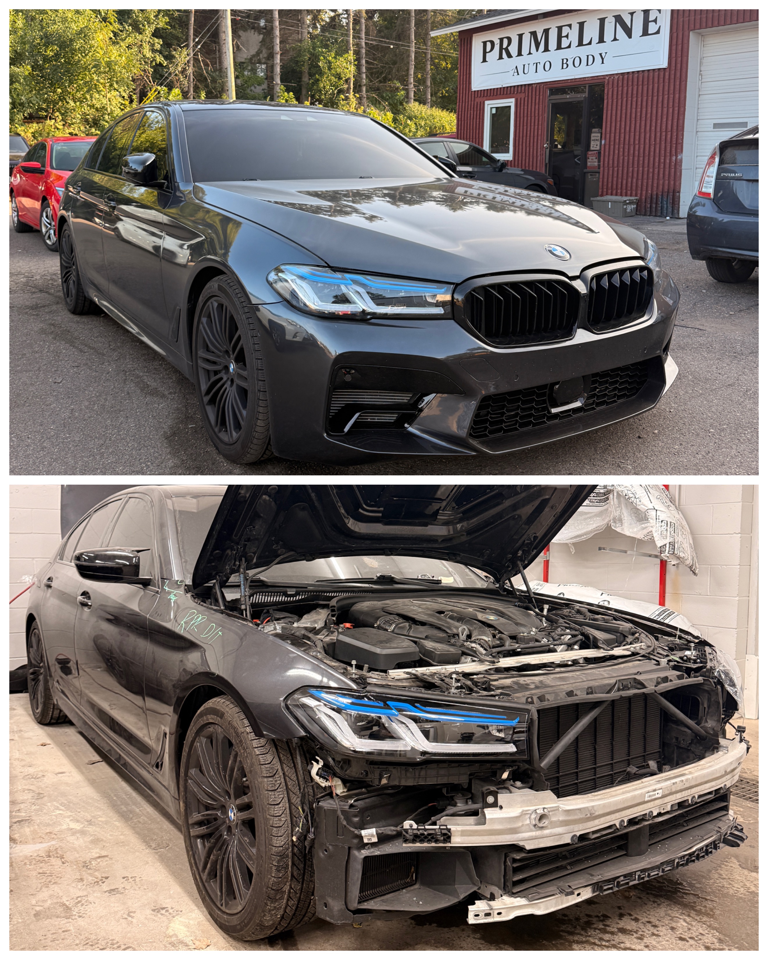 BMW M5 front end before and after collision repair