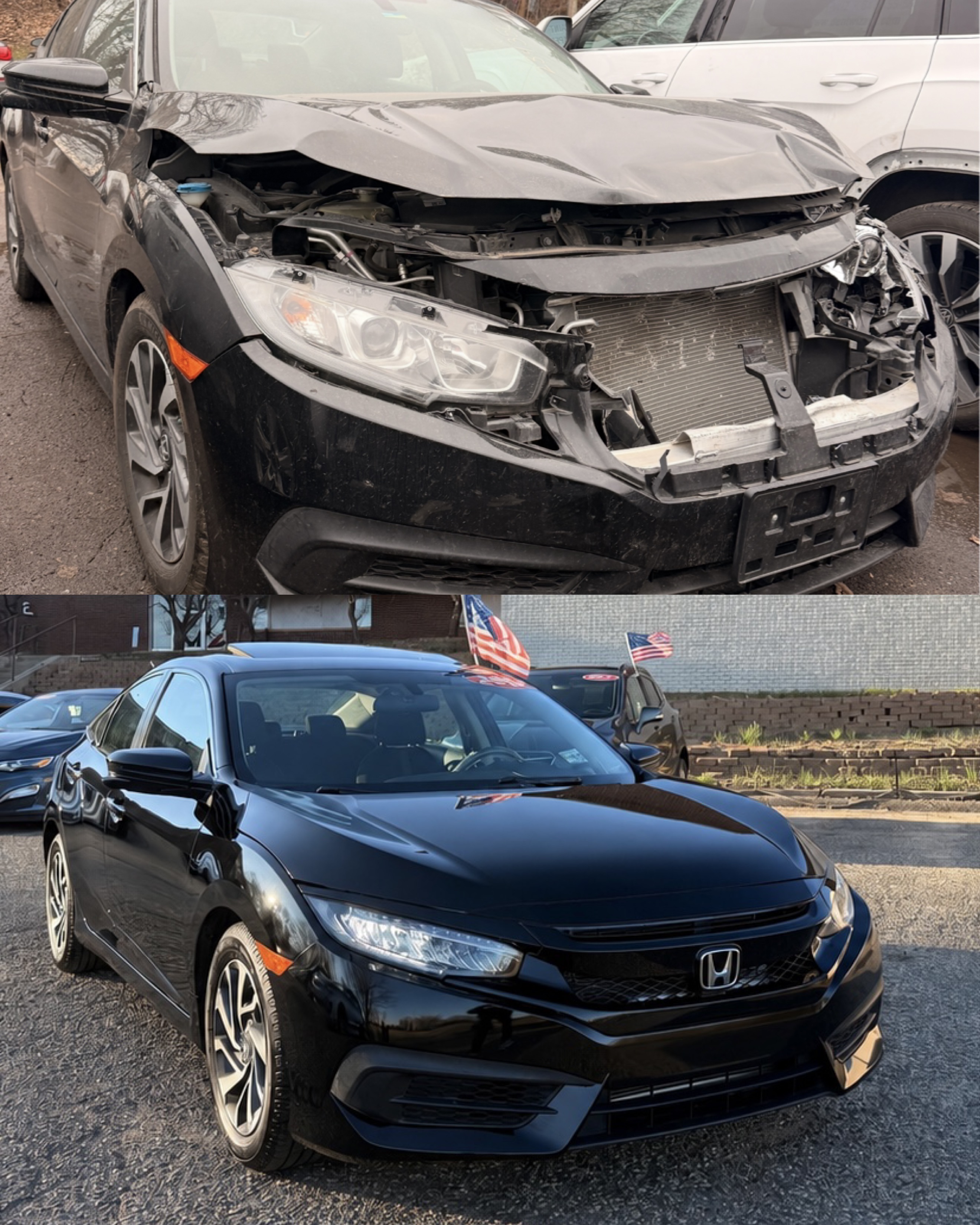 Honda Civic front end before and after collision repair