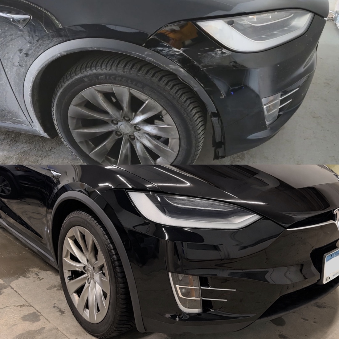 Tesla Model X fender before and after collision repair